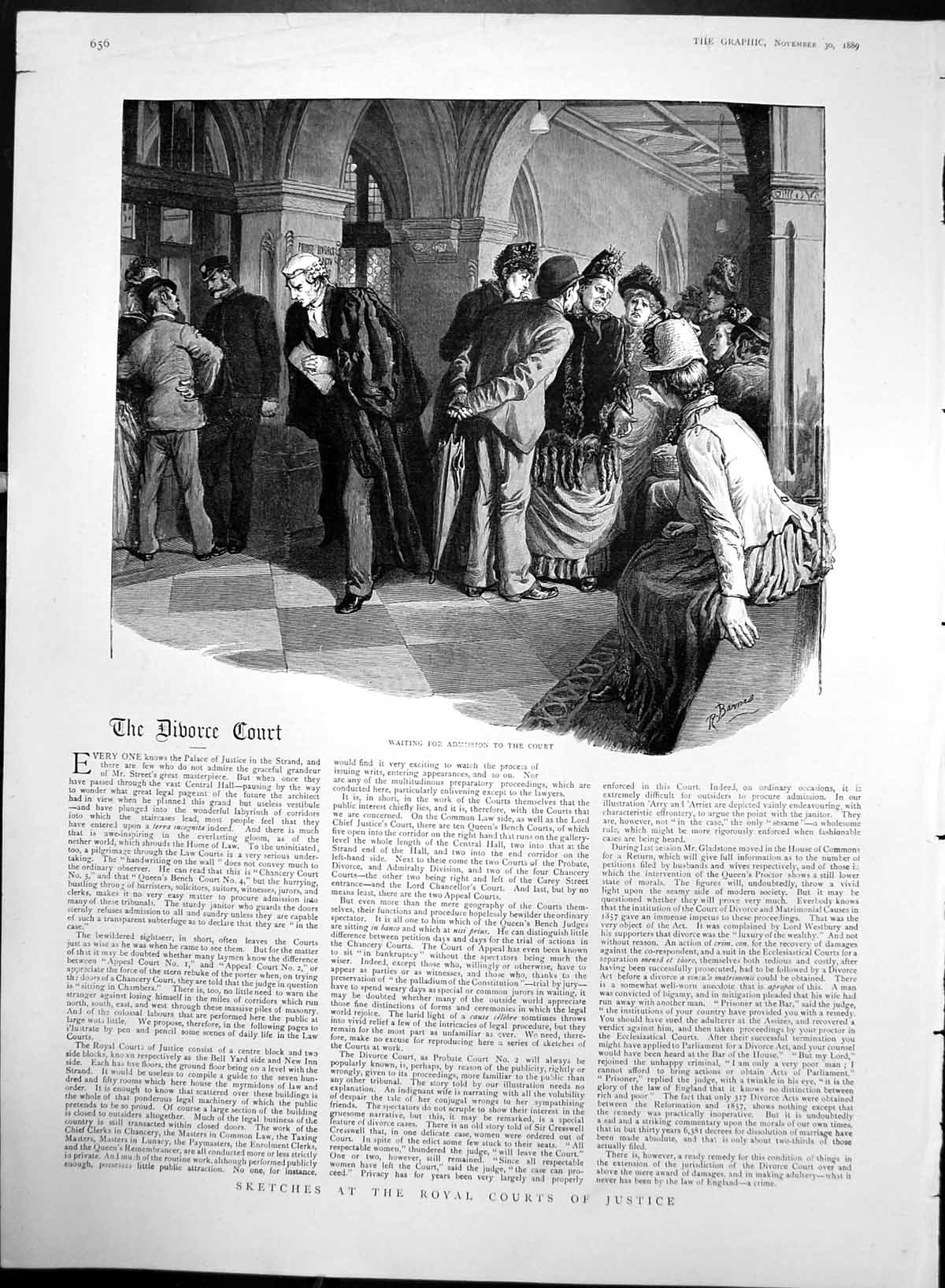 Antique Old Print Royal Courts Justice Waiting For Admission To Court 1889 19th