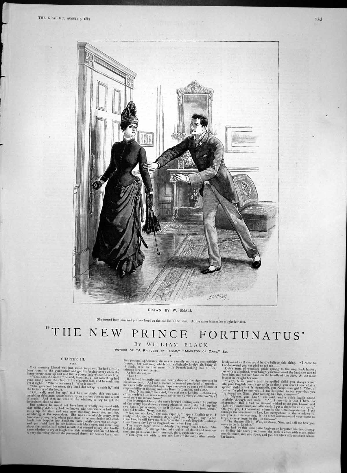 Original Old Antique Print New Prince Fortunatus Catching HLadys Arm 1889 19th