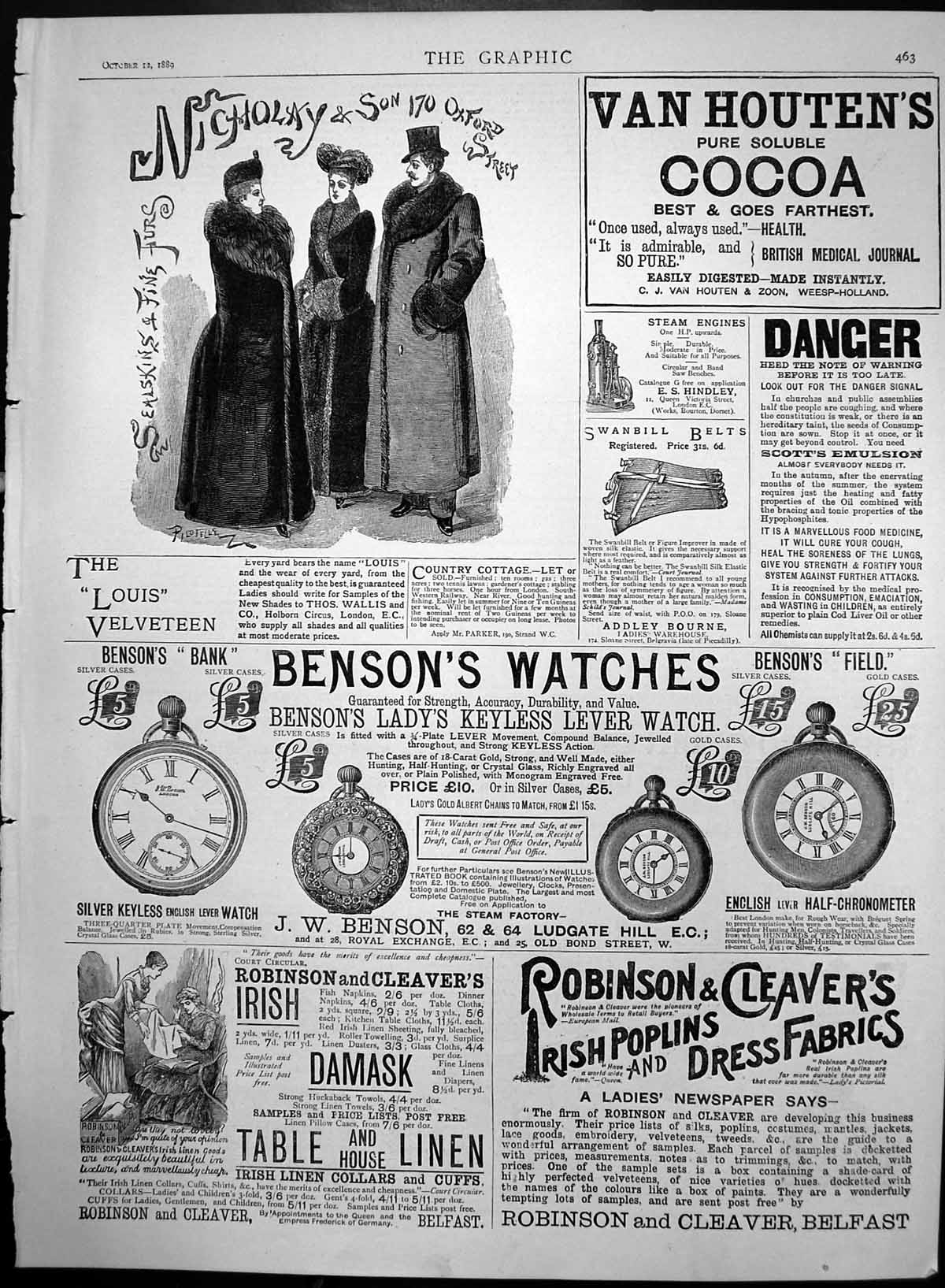 Original Old Antique Print Adverts Bensons Watches Van Houtens Cocoa 1889 19th