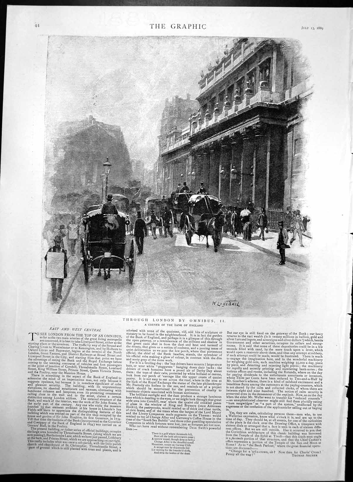 Old Antique Print Through London By Omnibus W Logsdail Corner Bank 1889 19th
