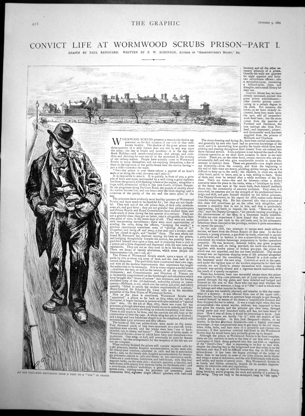 Old Antique Print Convict Life Wormwood Scrubs Prison Paul Renouard 1889 19th