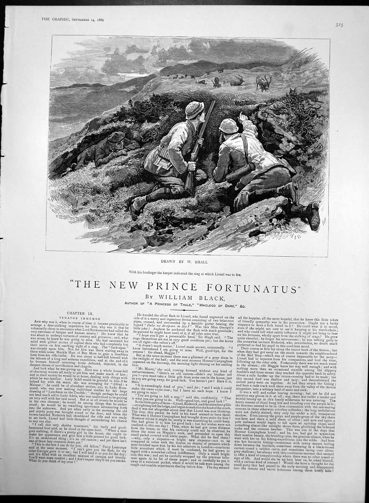 Antique Old Print New Prince Fortunatus Keeper Pointing Stag Shooting 1889 19th