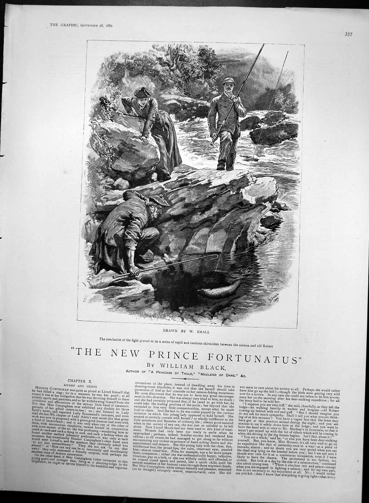Original Old Antique Print New Prince Fortunatus Skirmishes Salmon Fishing 1889