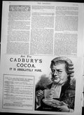 Original Old Antique Print Advert Cadburys Cocoa Assolutely Pure 1889 Victorian