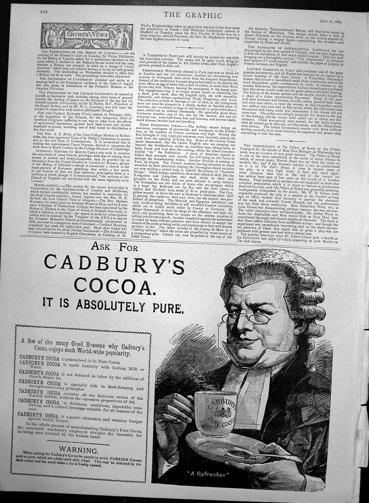 Original Old Antique Print Advert Cadburys Cocoa Assolutely Pure 1889 Victorian