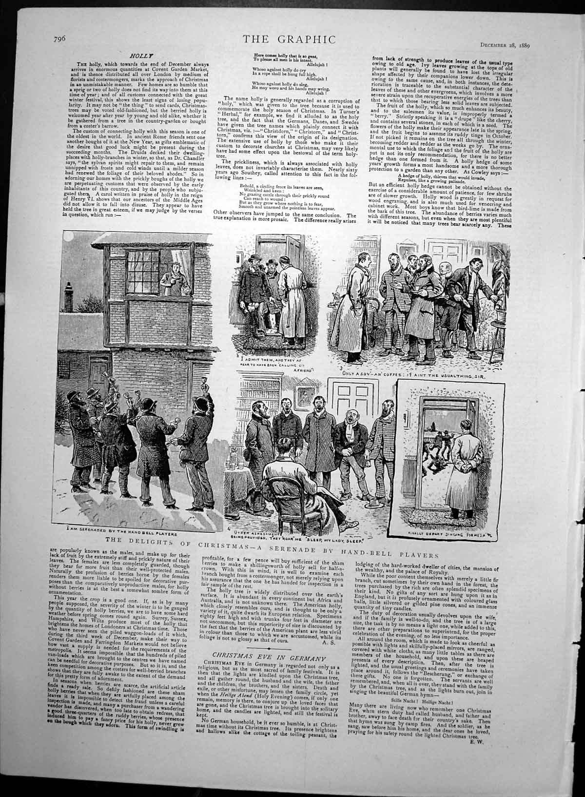 Original Old Antique Print Delights Christmas Serenade Hand Bell Players 1889