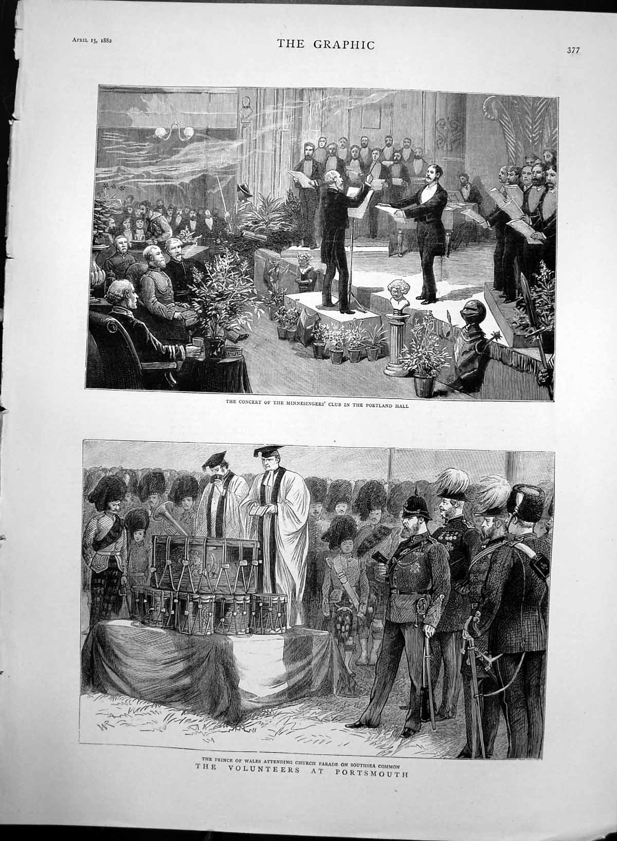 Old Antique Print Concert Minnesingers Church Parade Southsea Common 1882 19th