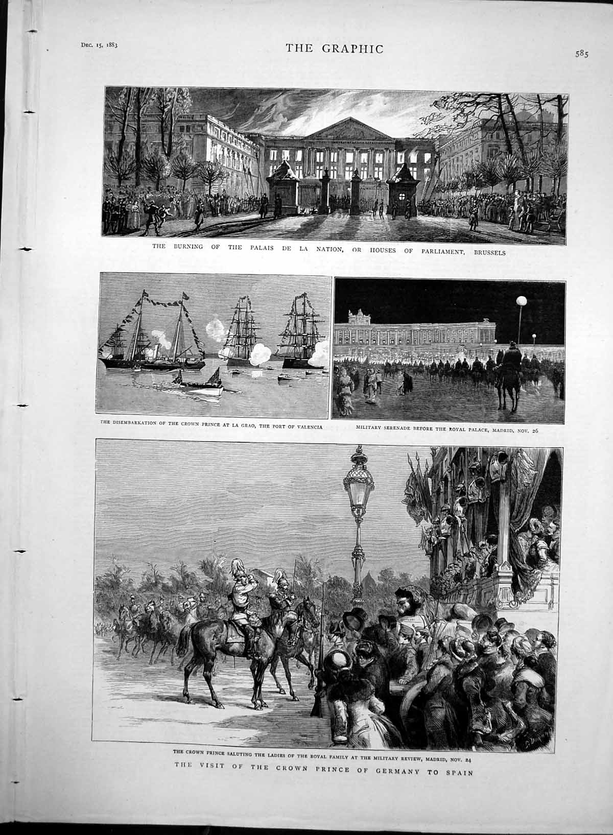 Antique Old Print Burning Parliament Brussels Crown Prince Germany Spain1883