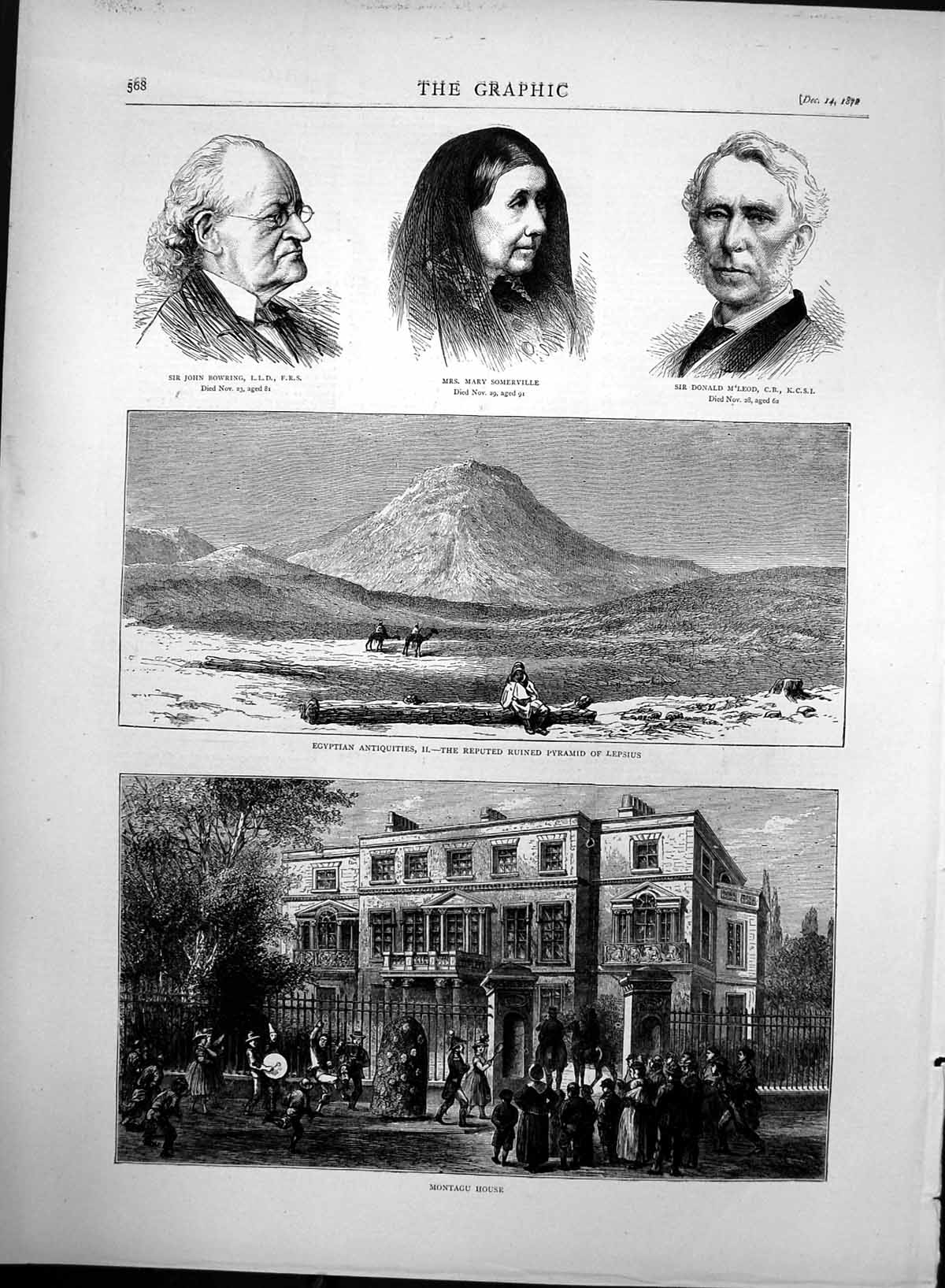Antique Old Print Montagu House Ruined Pyramid Lepsius Mary Somerville 1872
