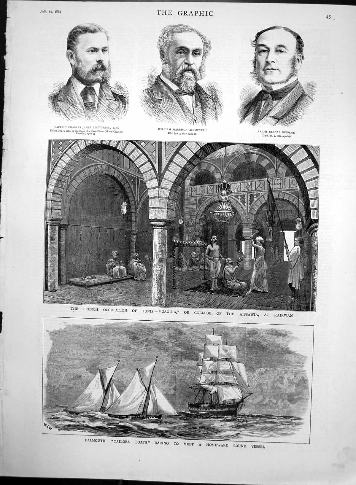 Antique Old Print Falmouth Tailors Boats Tunis College Aissawia Kairwan 1882