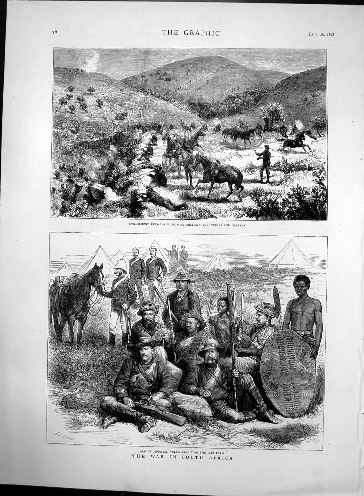 Antique Old Print War South Africa King Williamstown Volunteers Galekas 1878