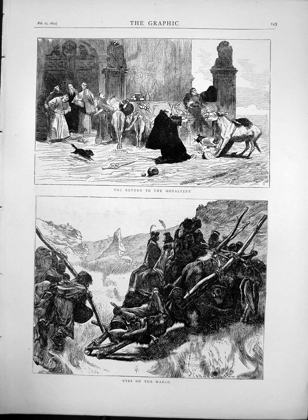Original Old Antique Print Horses Return To Monastery Utes On March 1872 19th
