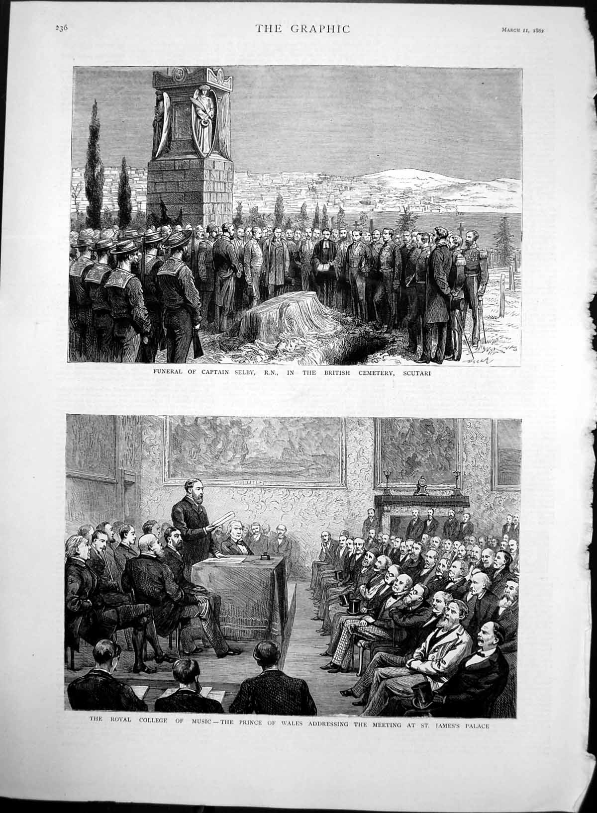 Antique Old Print Funeral Capt Selby Royal College Music Prince Wales 1882 19th
