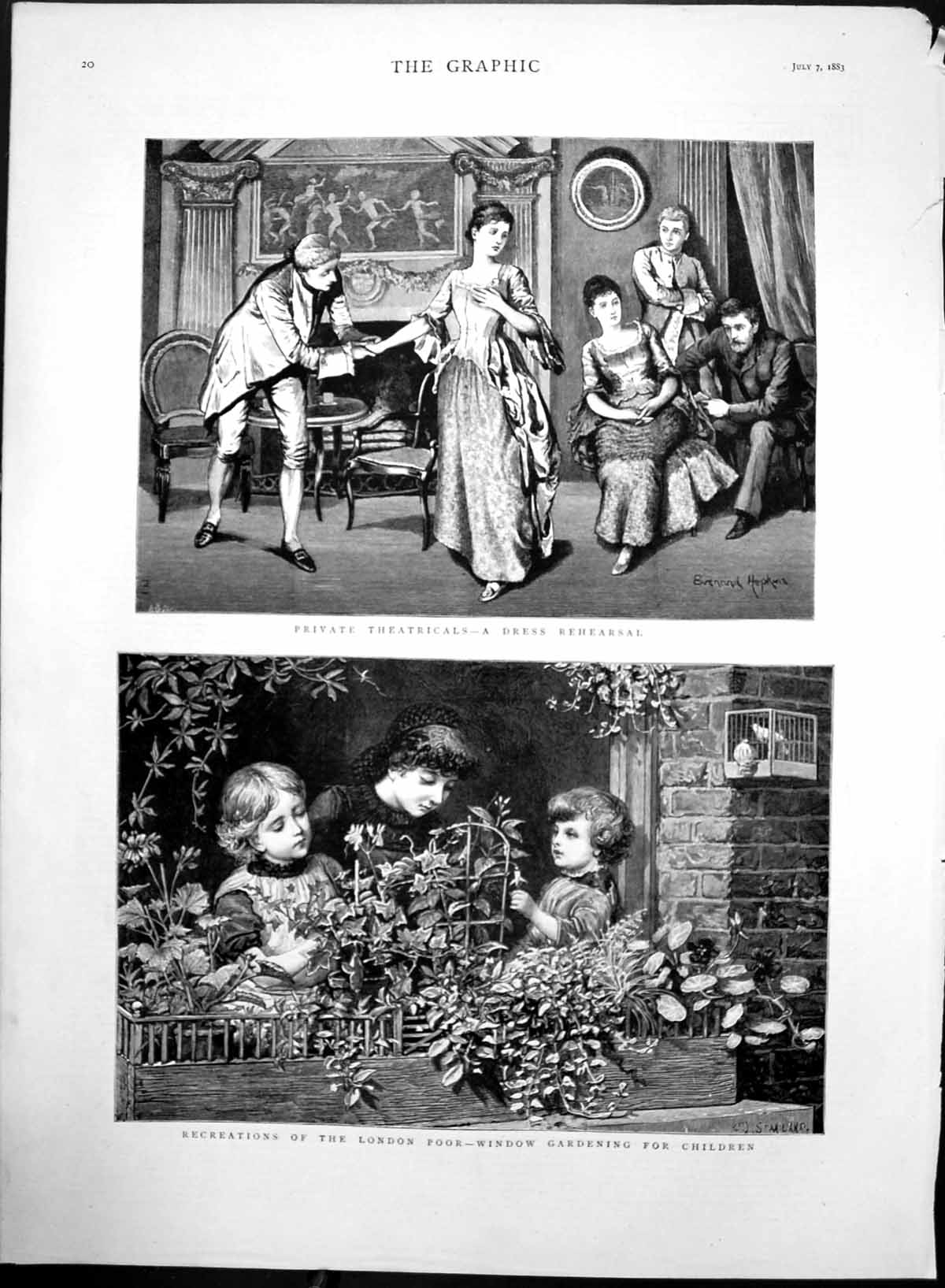 Antique Old Print Private Theatricals London Poor Window Gardening Child 1883