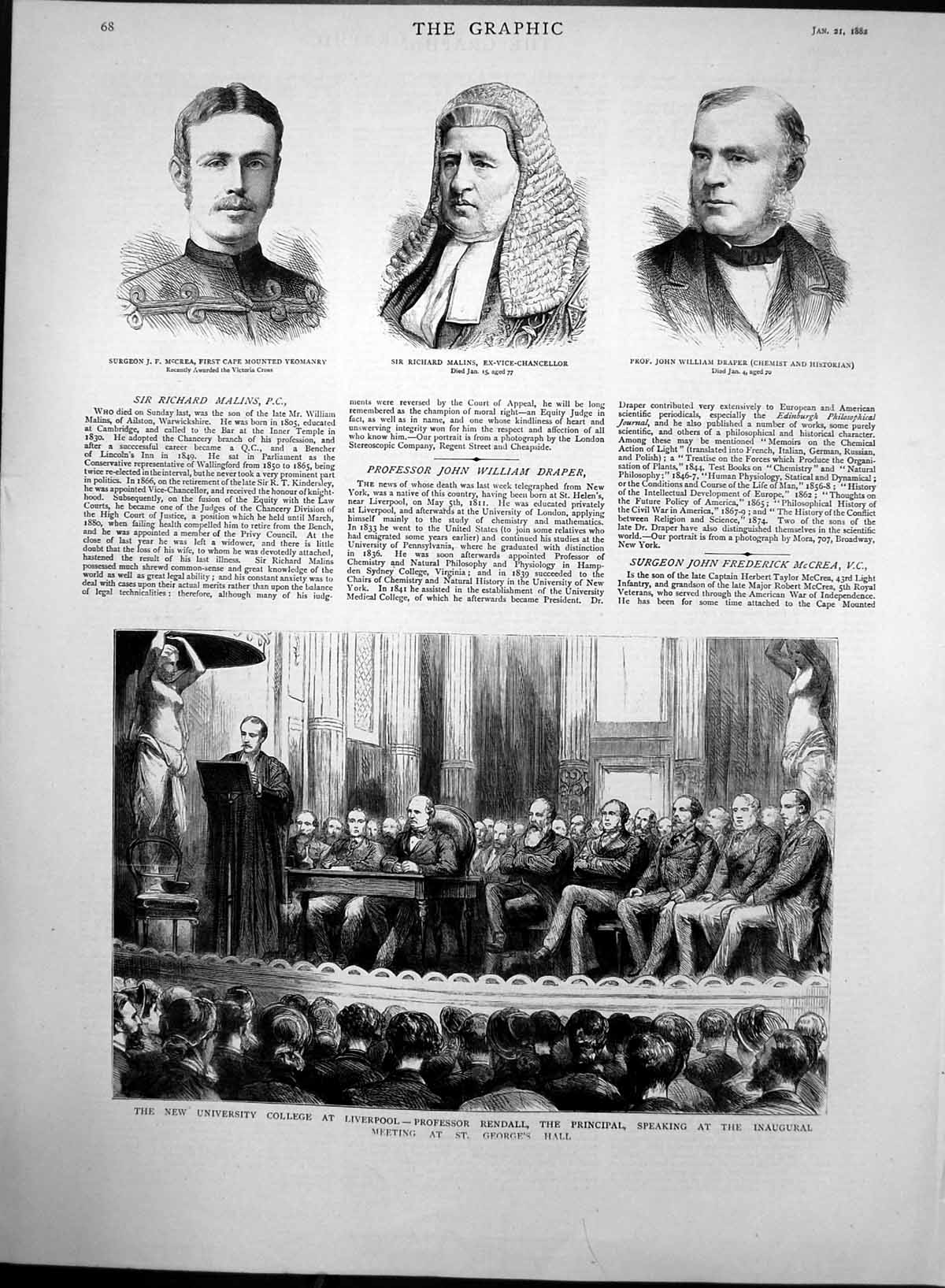 Antique Old Print University College Liverpool PrRendall Draper Malins 1882