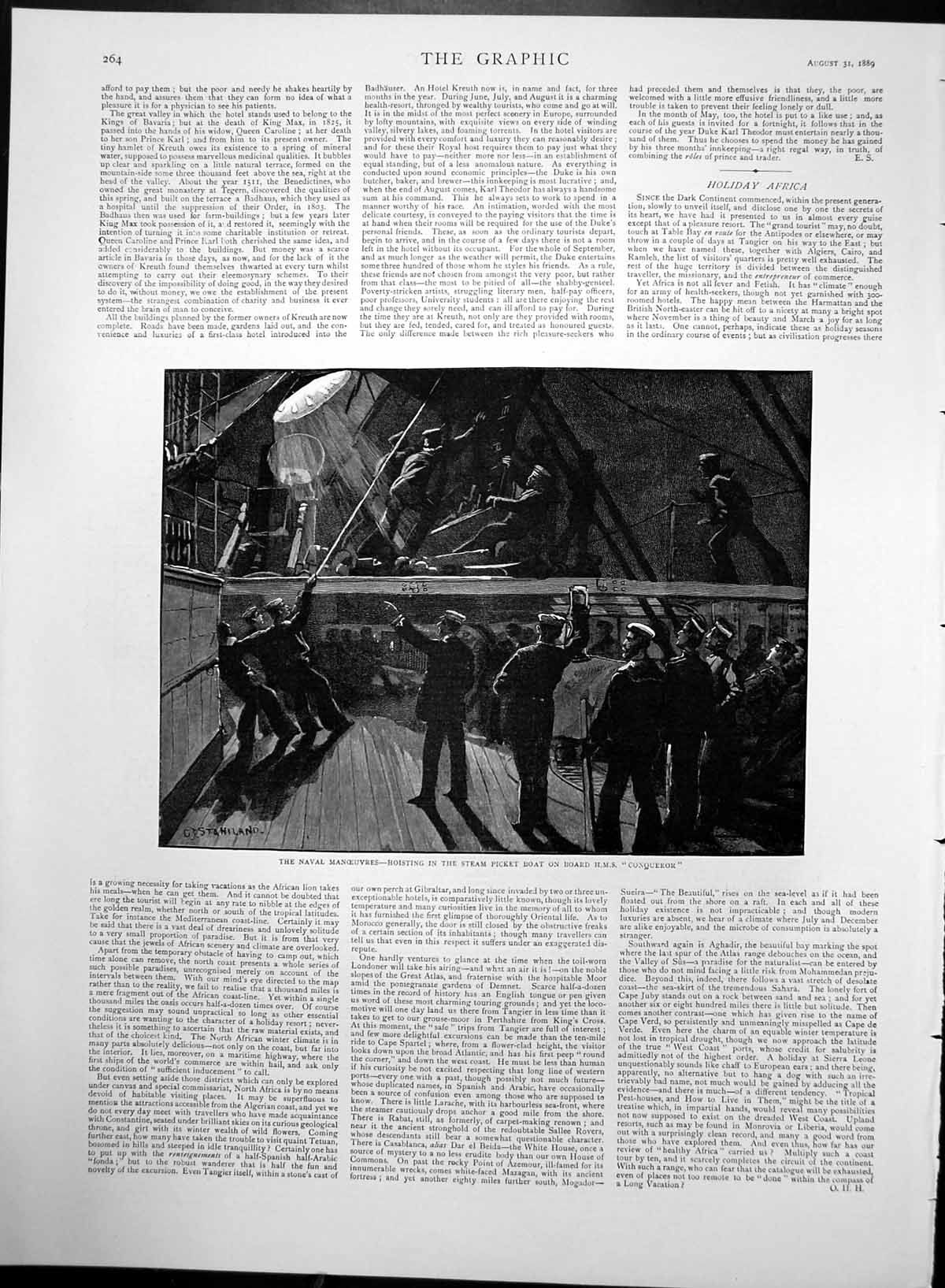 Old Antique Print Hoisting Steam Picket Boat On Board Hms Conqueror 1889 19th