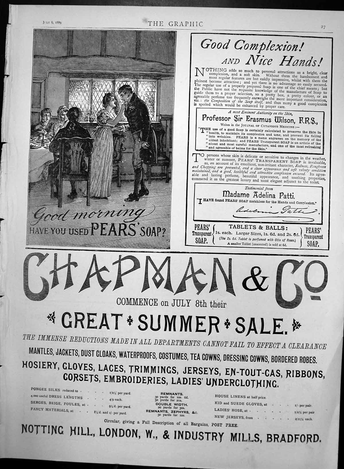 Original Old Antique Print Chapman & Co Clothes Sale Pears Soap Advert 1889