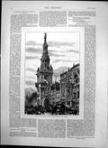 Original Old Antique Print Liverpool Dragon Vane Steeple Bow Church 1878 19th