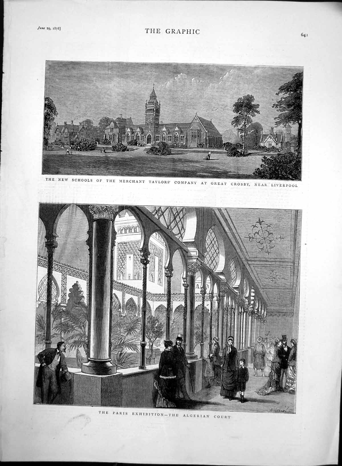 Antique Old Print Algerian Court Paris Ex Schools Merchant Taylors Co 1878 19th