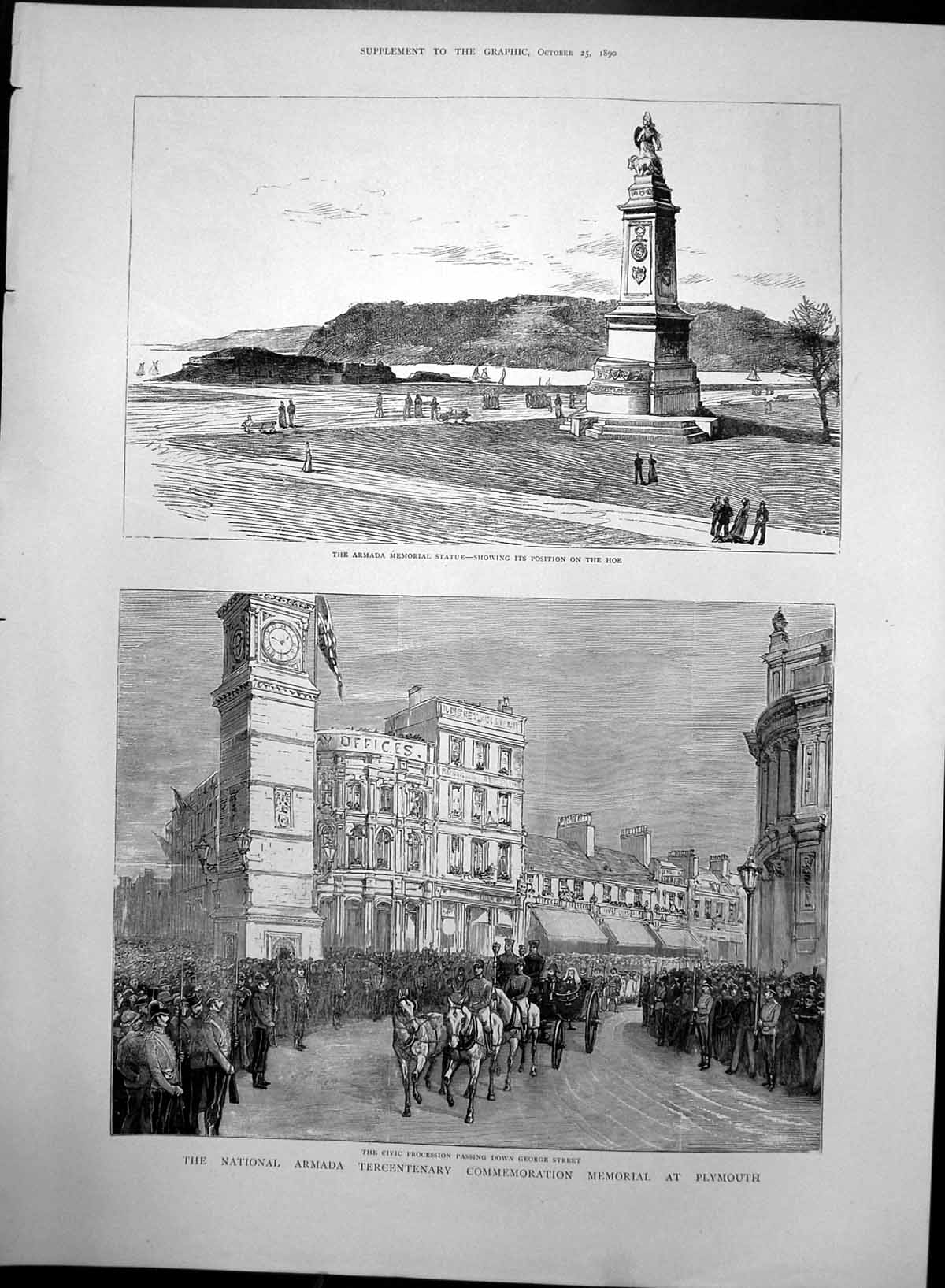 Old Antique Print Armada Memorial Statue Civic Procession Plymouth 1890 19th