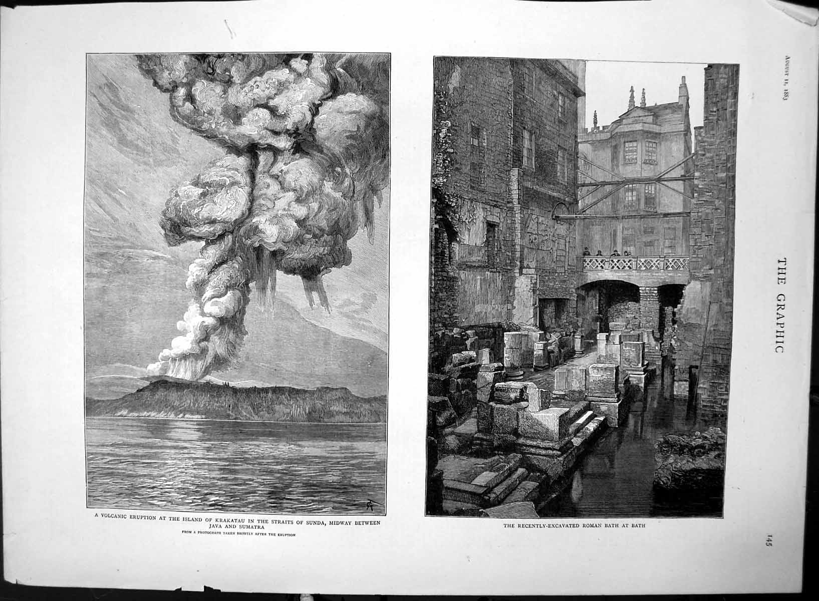 Old Antique Print Roman Bath Volcanic Eruption Krakatau Java Sumatra 1883 19th