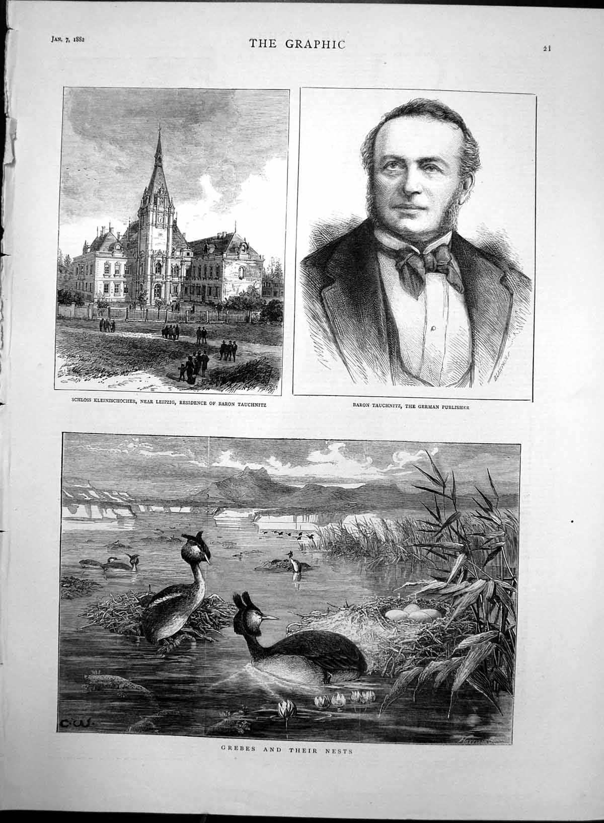 Original Old Antique Print Grebes Schloss Kleinzschocher Baron Tauchnitz 1882