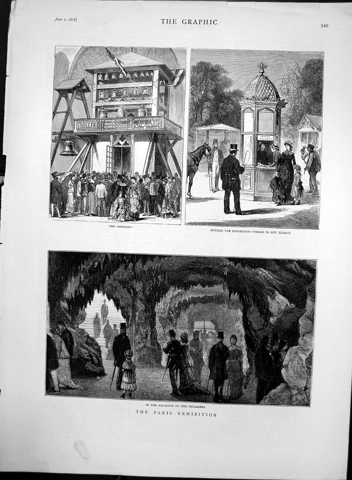 Original Old Antique Print Paris Exhibition Carillons Aquarium Trocadero 1878