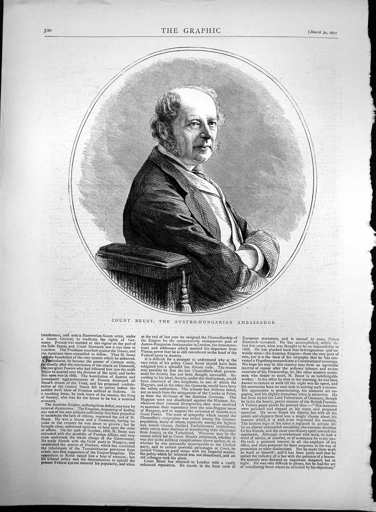 Original Old Antique Print Count Beust Austro-Hungarian Ambassador 1872 19th