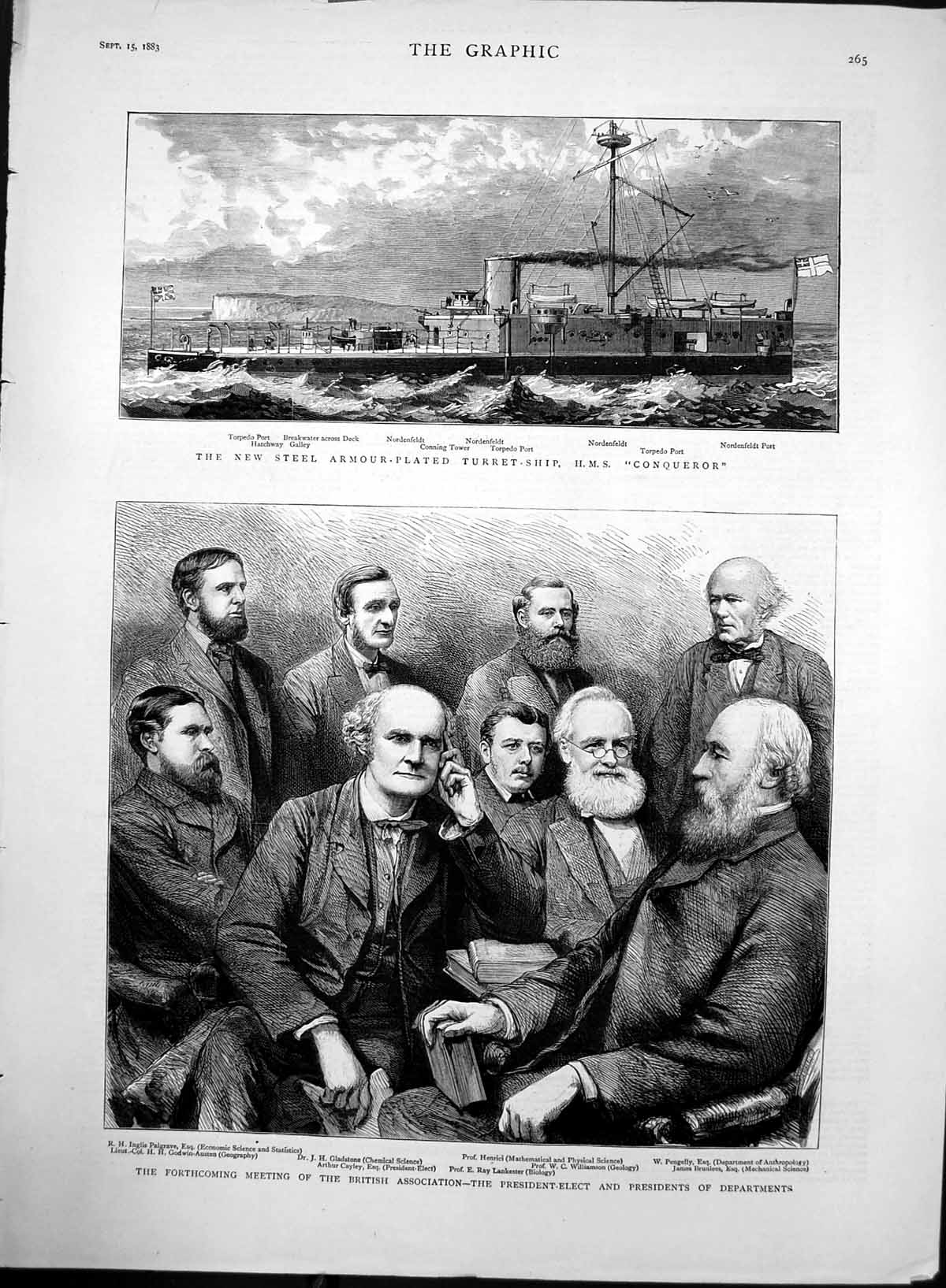 Old Antique Print New Turret Ship Conqueror British Assoc Presidents 1883 19th