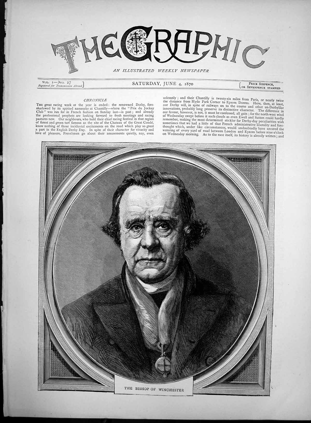 Original Old Antique Print Portrait The Bishop Winchester 1870 19th