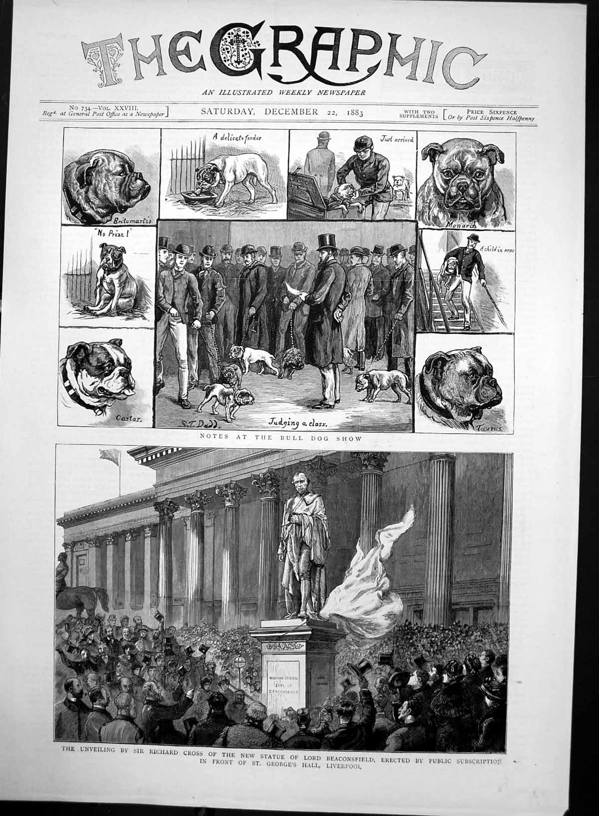 Old Antique Print Bull Dog Show Unveiling Statue Lord Beaconsfield 1883 19th