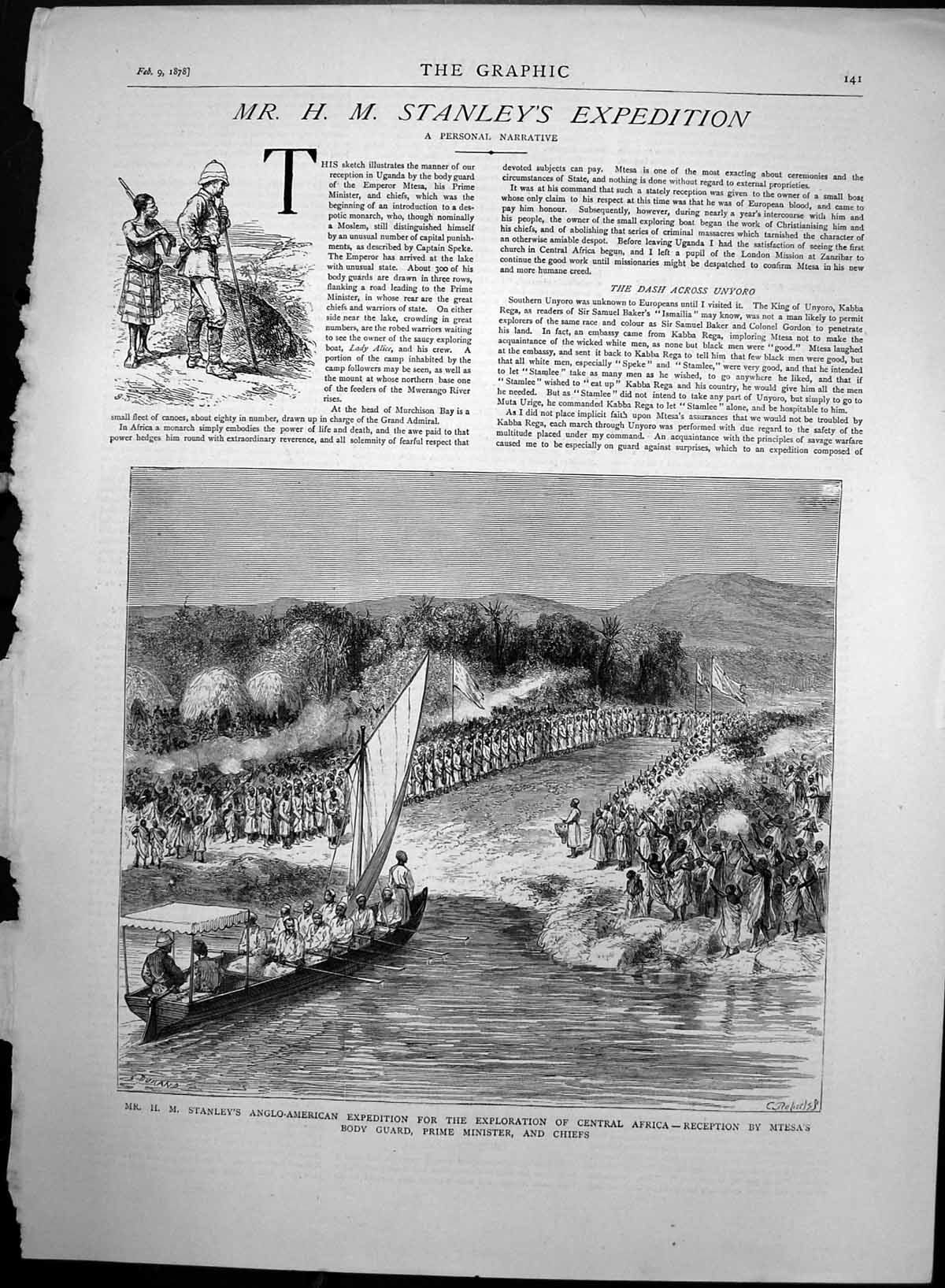 Old Antique Print Hm Stanleys Exploration Reception Mtesas Bodyguard 1878 19th