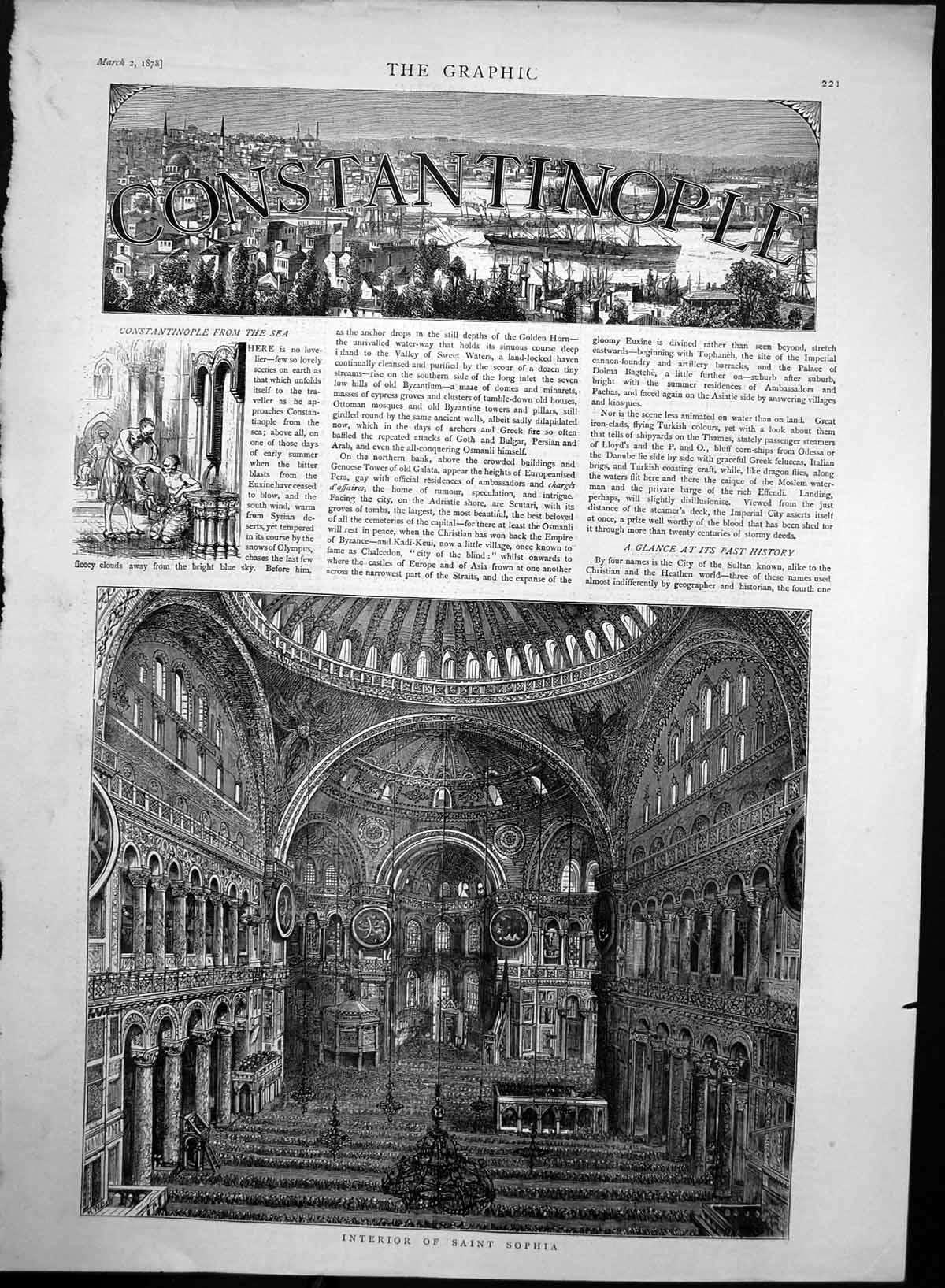 Original Old Antique Print Constantinople Interior Saint Sophia 1878 Victorian