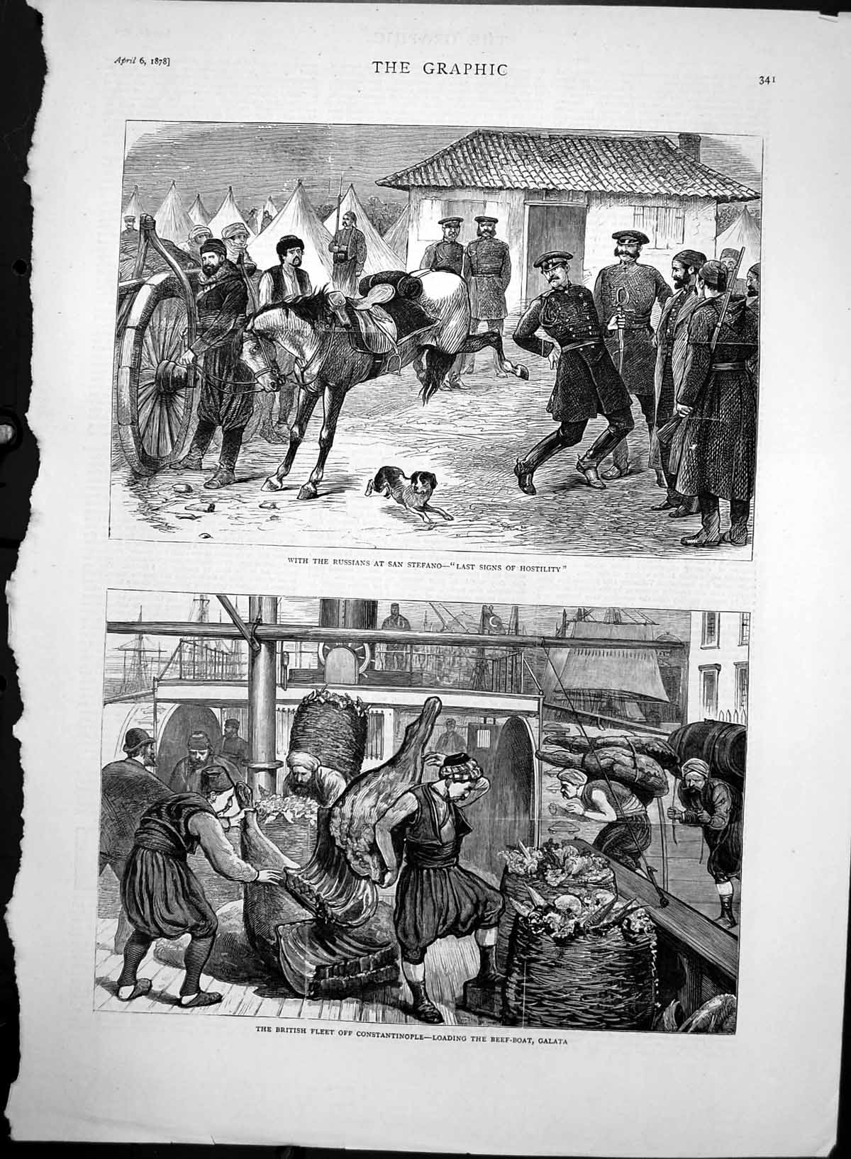 Original Old Antique Print Russians San Stefano Loading Beef Boat Galata 1878