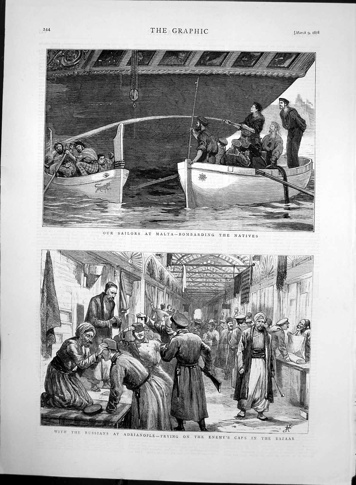 Old Antique Print Sailors Malta With Russians Adrianople Enemys Caps 1878 19th