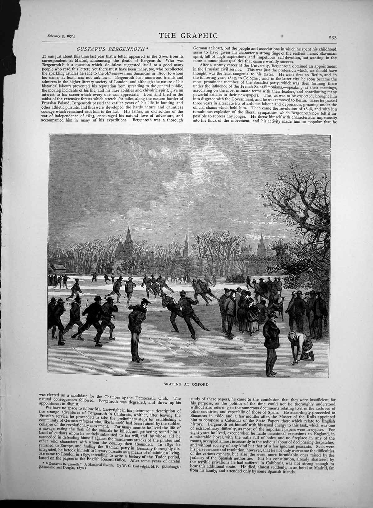 Original Old Antique Print Large Group Skating Outside At Oxford 1870 Victorian