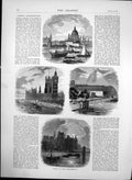 Antique Old Print Views London Embankment Tower Bridge National Gallery 1870