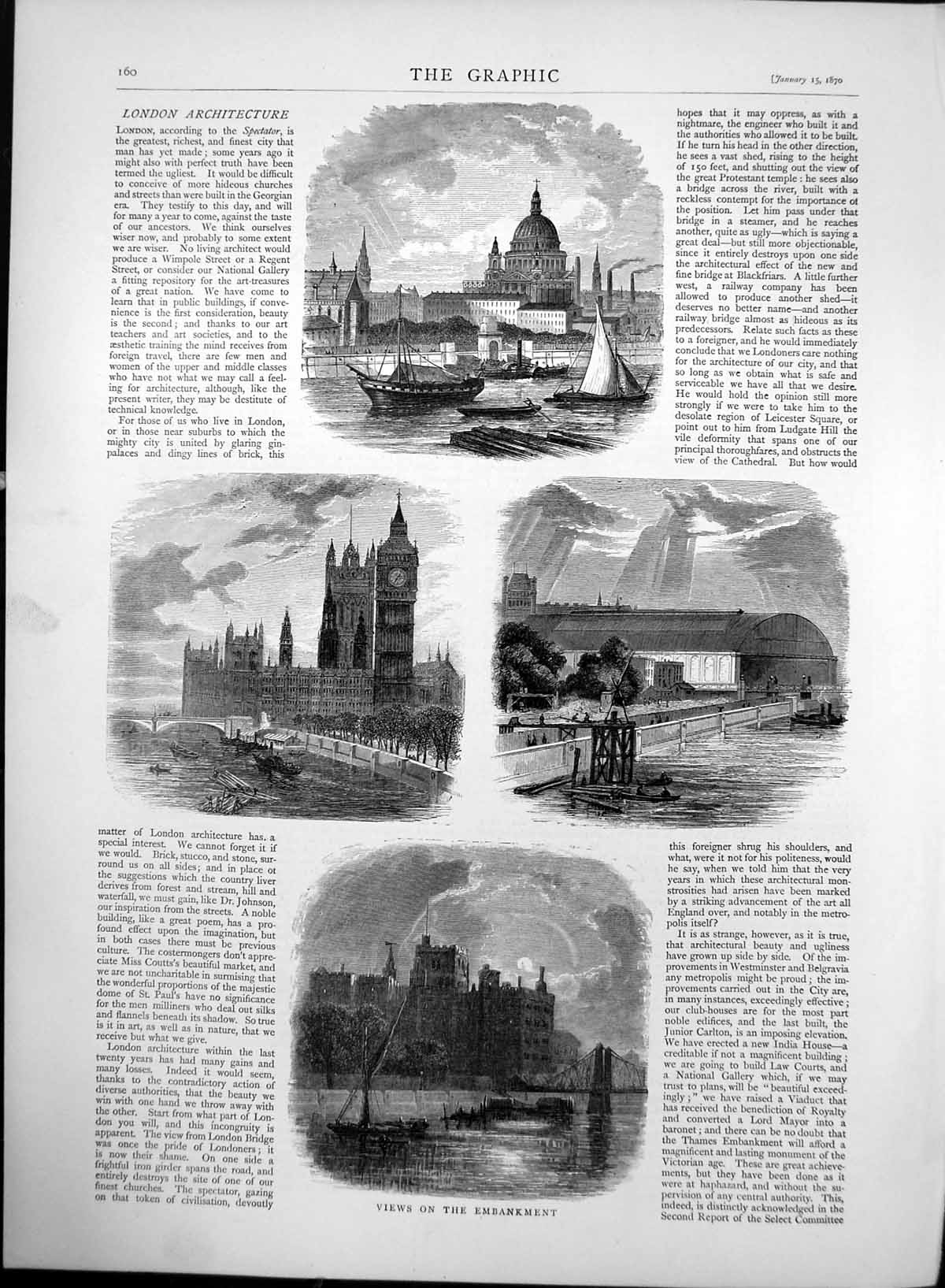 Antique Old Print Views London Embankment Tower Bridge National Gallery 1870