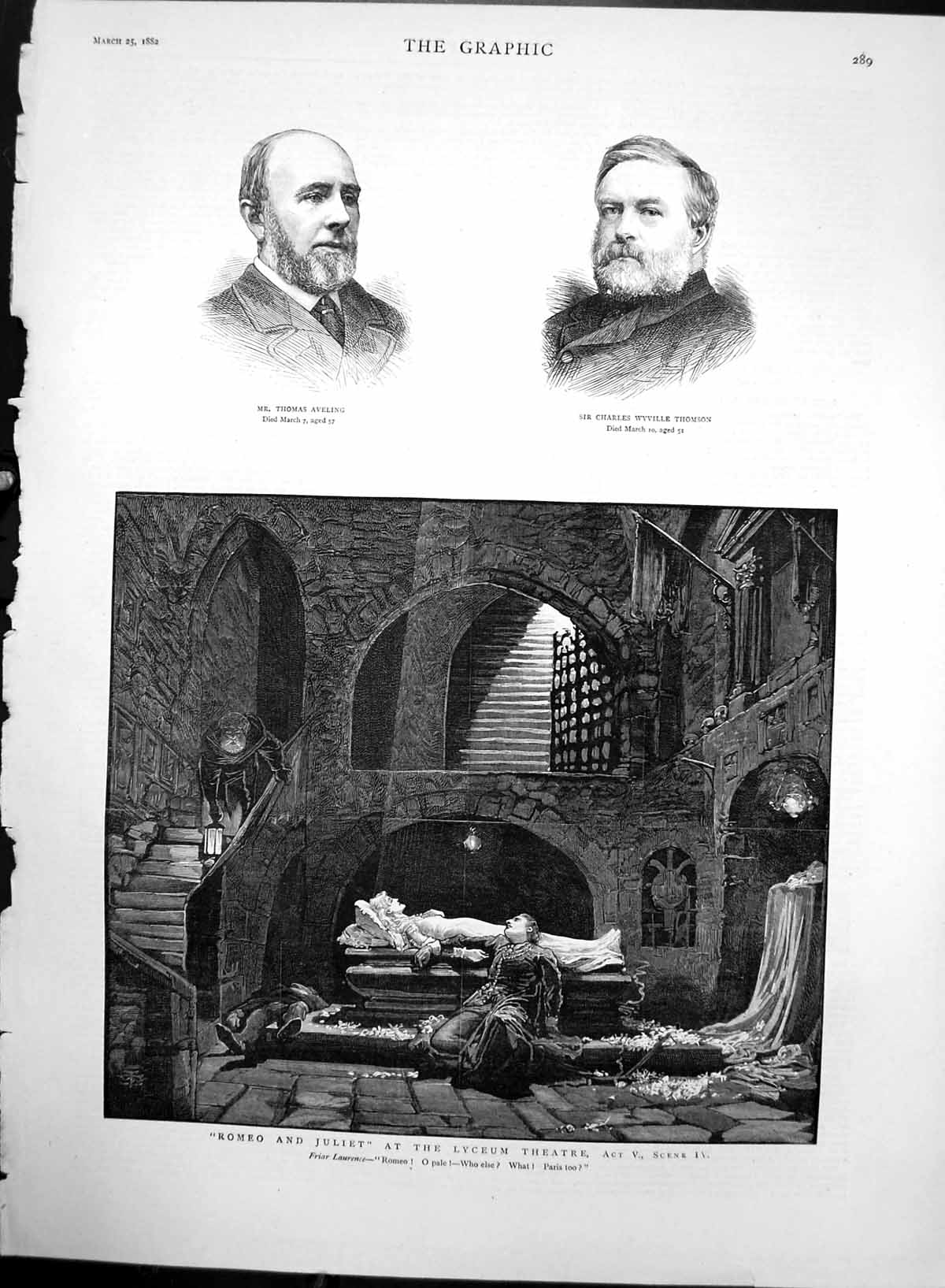 Antique Old Print Romeo Juliet Lyceum Thomas Aveling Sir Charles Thomson 1882