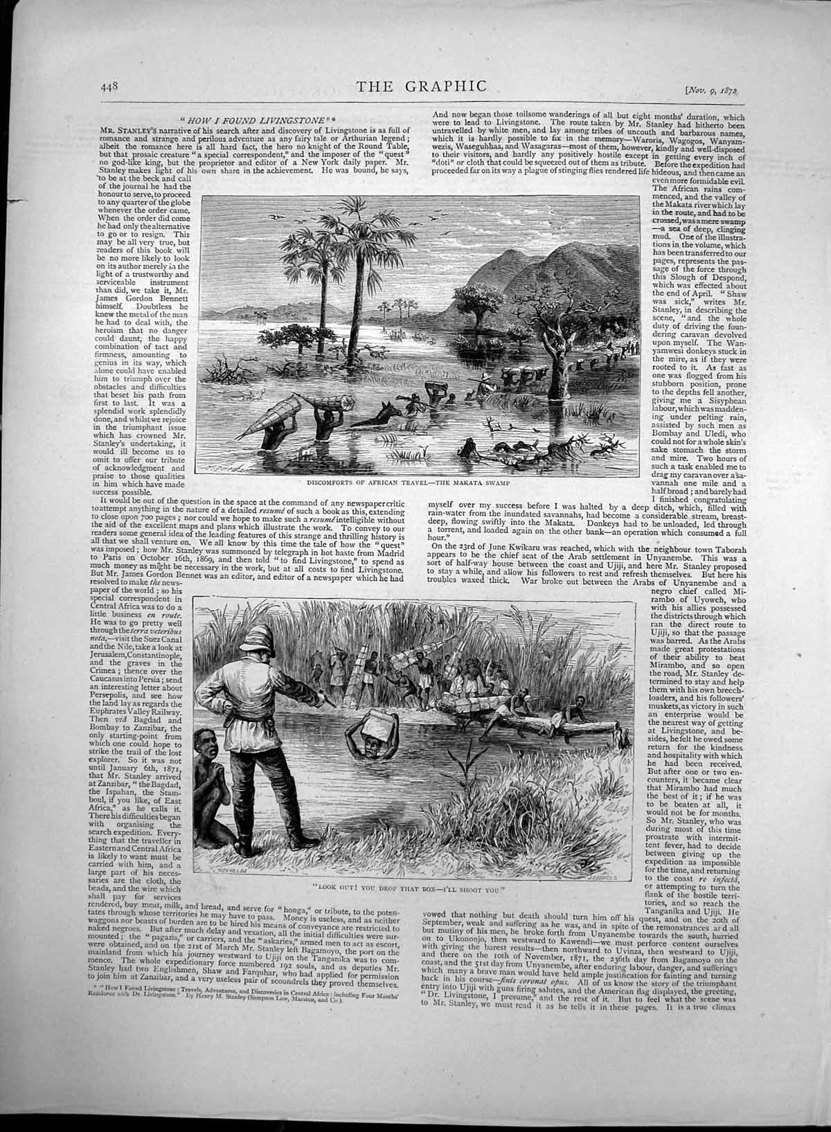 Original Old Antique Print African Travel Makata Swamp Officer & Natives 1872