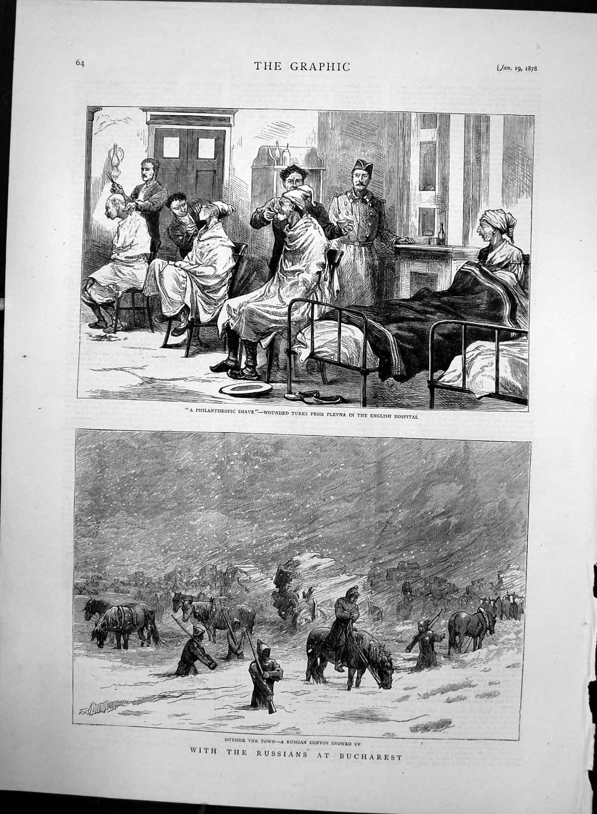 Antique Old Print Turks Plevna English Hospital Russian Convoy Bucharest 1878
