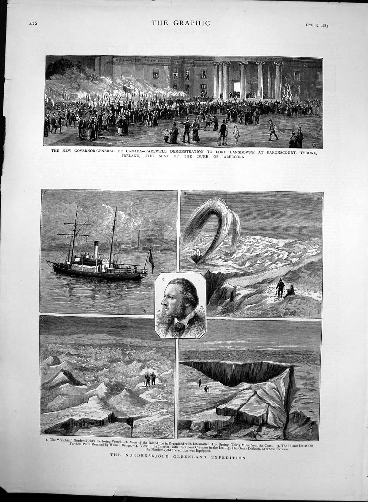 Original Old Antique Print Farewell Lord Lansdowne Tyrone NordenskjExped 1883