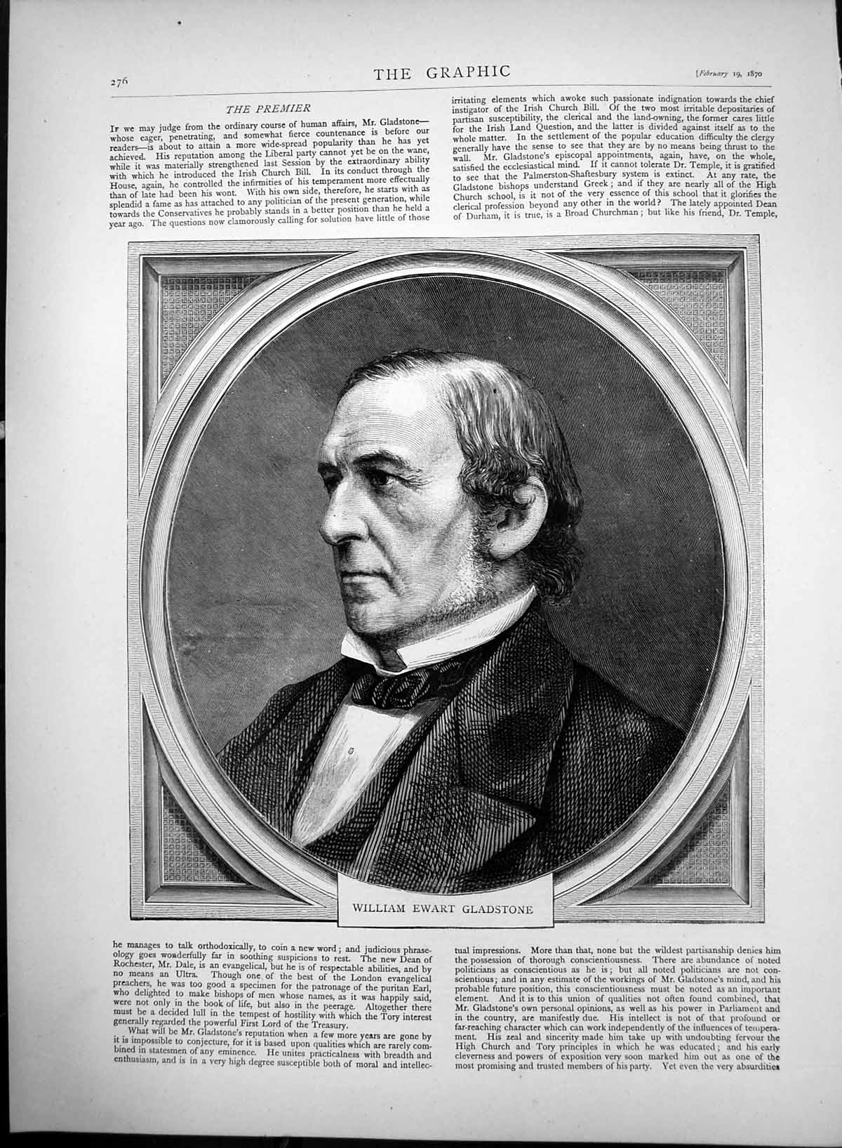 Original Old Antique Print Prime Minister William Ewart Gladstone 1870 19th