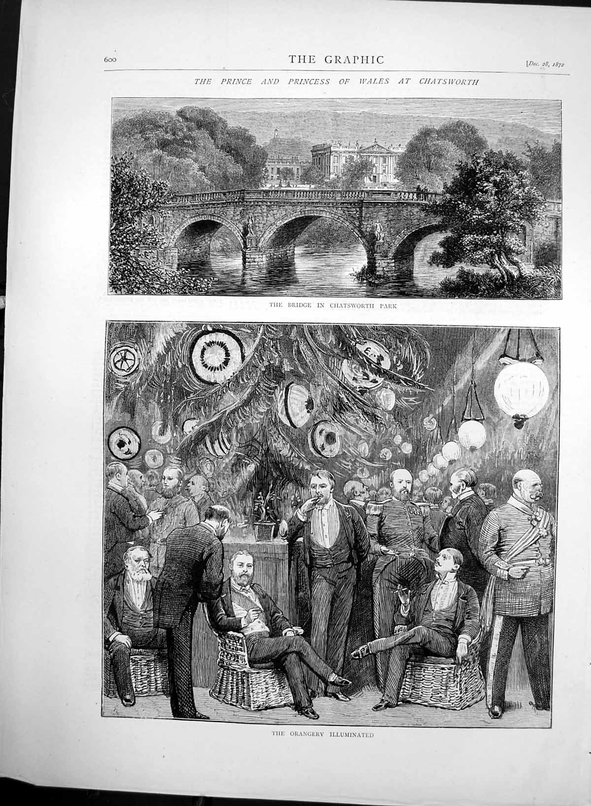 Old Antique Print Bridge Chatsforth Park The Orangeriy Illuminated 1872 19th