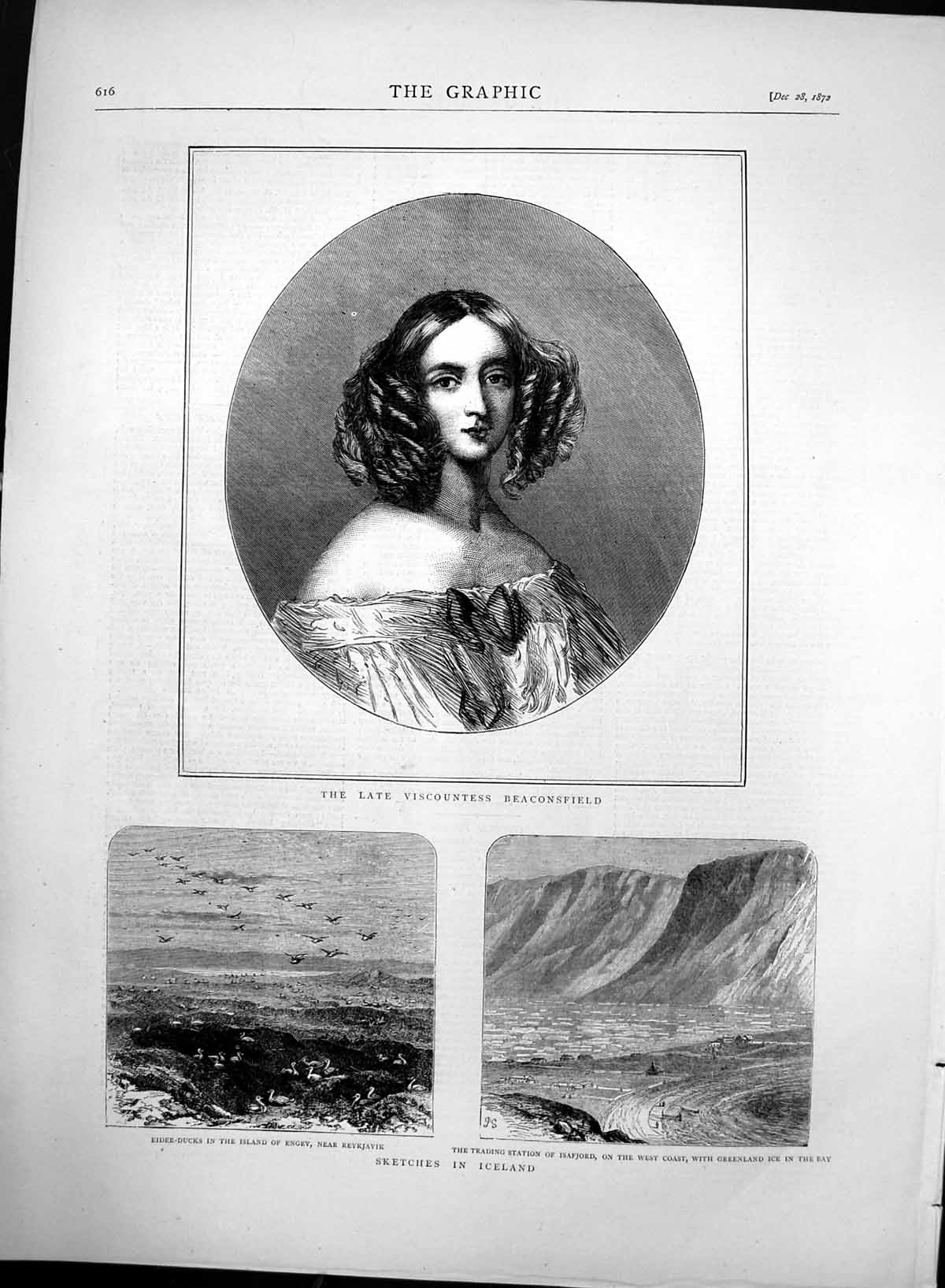 Antique Old Print Late Viscountess Beaconsfield Isafjord Ducks Iceland 1872