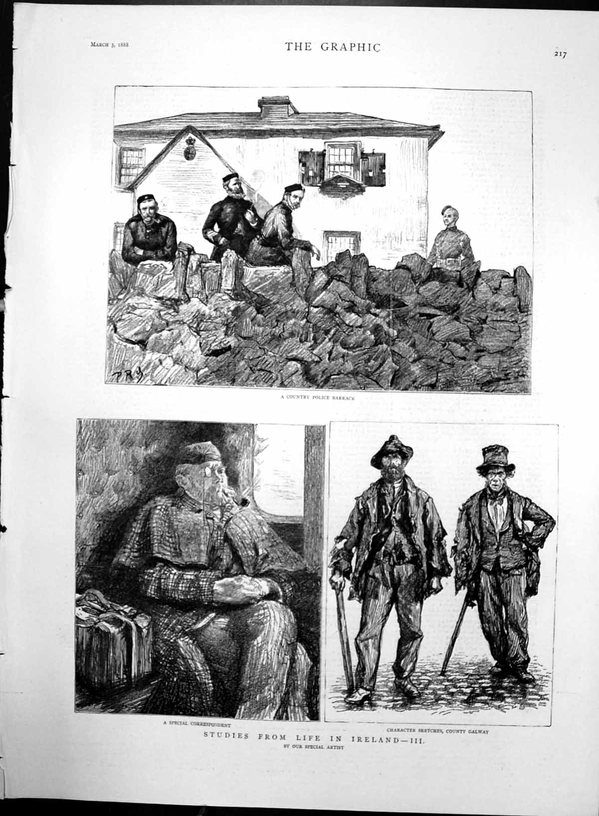 Antique Old Print Ireland Police Barrack Character Sketches Co Galway 1888 19th