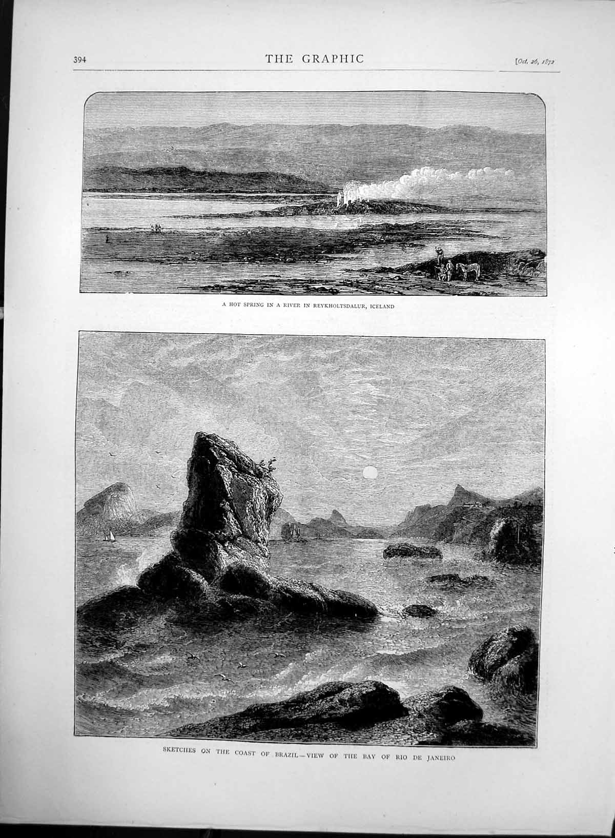 Antique Old Print Hot Spring Reykholtsdalur Iceland Bay Rio De Janeiro 1872