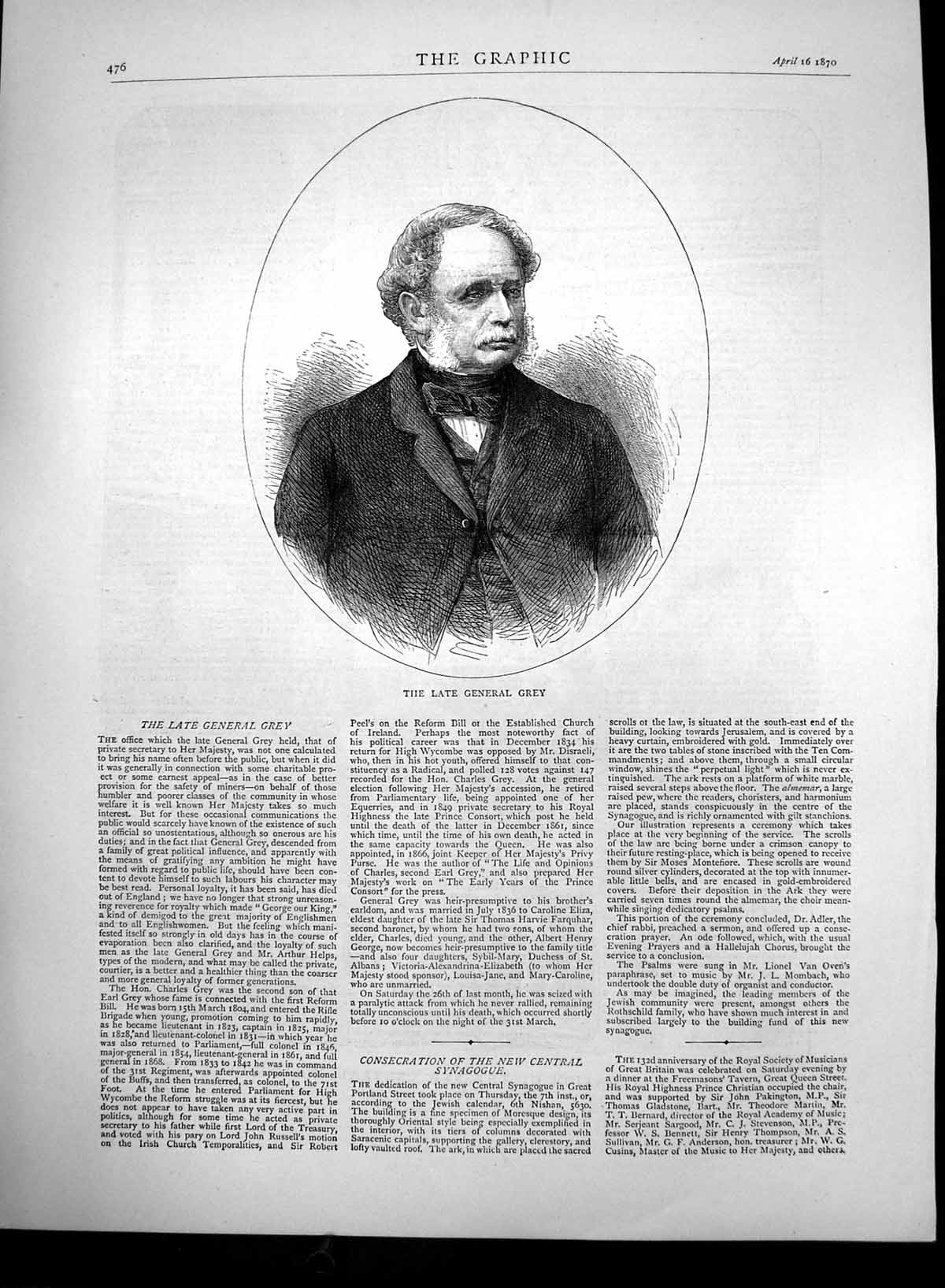 Old Antique Print Late General Grey Private Secretary To Her Majesty 1870 19th