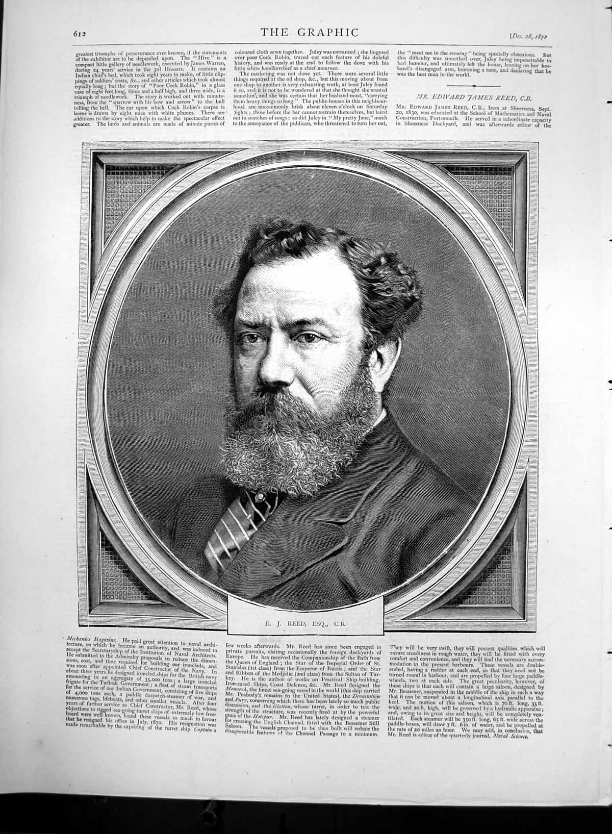 Original Old Antique Print Edward James Reed C B Naval Architect 1872 Victorian