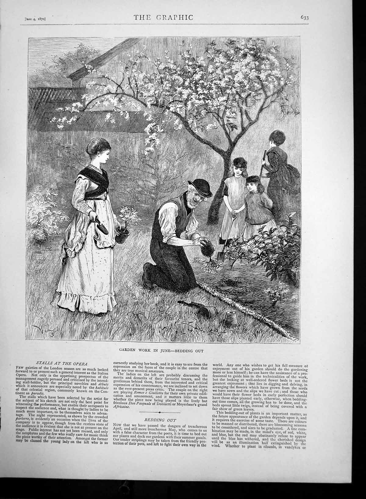 Original Old Antique Print Bedding Out Plants In Garden In June 1870 Victorian